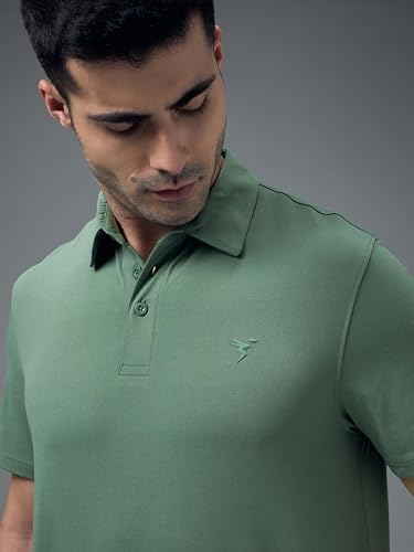Image of TECHNOSPORT Men's Solid Slim Fit Polo Collar T-Shirt COTFLEX Half Sleeve Button Polyester for Gym Running Workout UPF50+ Anti Odour