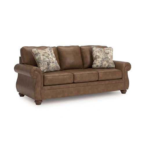 Image of Signature Design by Ashley Shadsburne Rustic Faux Leather Sofa with Nailhead Trim and 2 Throw Pillows, Brown