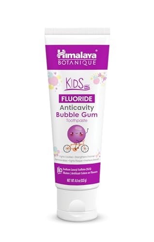 Himalaya Botanique Kids Fluoride Anticavity Toothpaste Bubble Gum Flavor Fluoride Toothpaste Helps Prevents Cavities Vegan SLS Free No Artificial Colors or Flavors Gluten Free 4 oz (113 g)