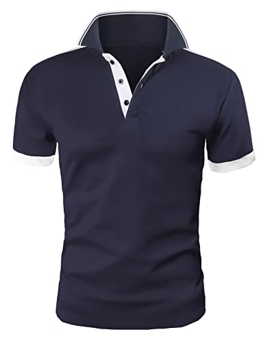 Pinkpum Polo Homme Manches Courtes Coton Slim Fit Golf Tennis Casual Sport T-Shirt Marine XL Cover