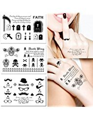 3-sheets Black & White Tiny Small Temporary Tattoos Finger, Shoulder Neck, Arm Knuckle Tattoos (Skull, Cross and Grave)