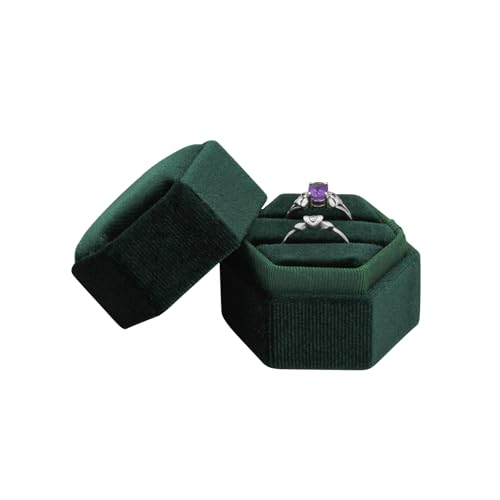 WisePoint Samt Ringschachtel, Hexagon Hochzeit Ring Box Aufbewahrungsring Ring Halter mit zwei Slots, Schmuck Geschenk Box für Vorschlag Verlobung,Hochzeit, Zeremonie (grün,S)