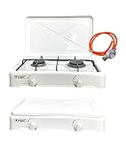 Campata tragbarer Gaskochfeld Set | 2-flammig, 3-flammig, 4-flammig | Tragbarer Gasherd Tischkocher, Campingkocher Weiß Schwarz Grau | Gaskocher | inkl. Gasschlauch und Gasregler. (2-flammig, Weiß)