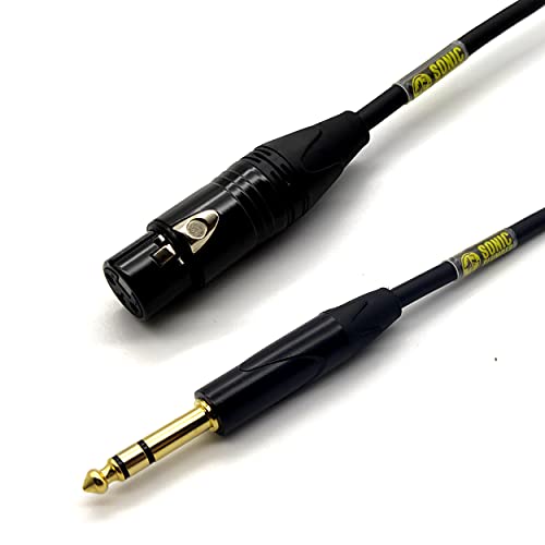 Sonic Plumber Black and Gold XLR Female to 6.35mm (1/4") TRS Jack Balanced Cable with Cable Tie. (NOT compatible with unbalanced 6.35mm inputs on Party Speakers/Amplifiers/Keyboards) (2m/6.56ft)