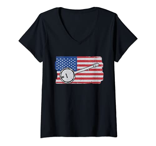 Mujer Banjo Patriótico American Flag Music Lover Banjo Player Camiseta Cuello V