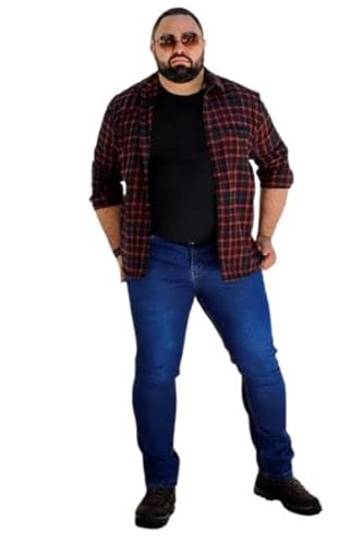 Calça Masculina Jeans Simples com Detalhe de Risco Plus Size Tamanho:54;Cor:Azul