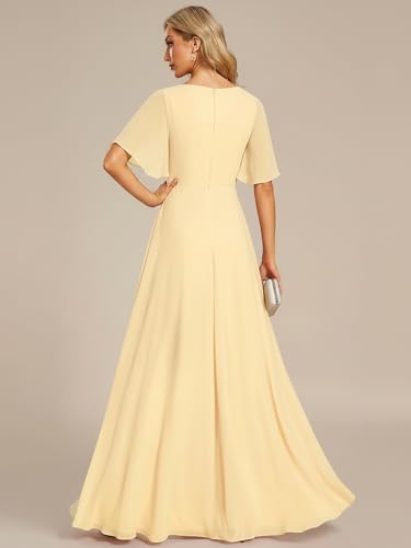 Image of Ever-Pretty Women's Spring Short Sleeve Bridesmaid Dresses V-Neck Chiffon Ruched Empire Waist Appliques Long Formal Dress