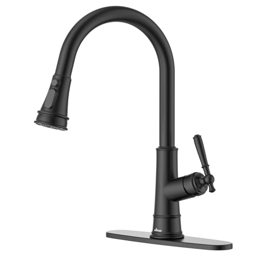 APPASO Black Kitchen Faucet with Pull Down Sprayer, Patented Design Single Handle High Arc Single Hole Pull Out Kitchen Sink Faucets, cUPC-Certified Pull-Out Hose, Water Supply Tubing & Valve Core