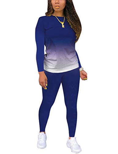 Two Piece Tracksuit for Women, Casual Long Sleeve Tops and Bodycon Pants Set Blue S