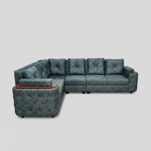 Image of APRODZ Wooden Sofa Set 6 Seater for Living Room, Solid Wood L Shape Sectional Sofa with Velvet Fabric Upholstery, Cushioned Seating for Home, Office & Lounge, Smoky Teal