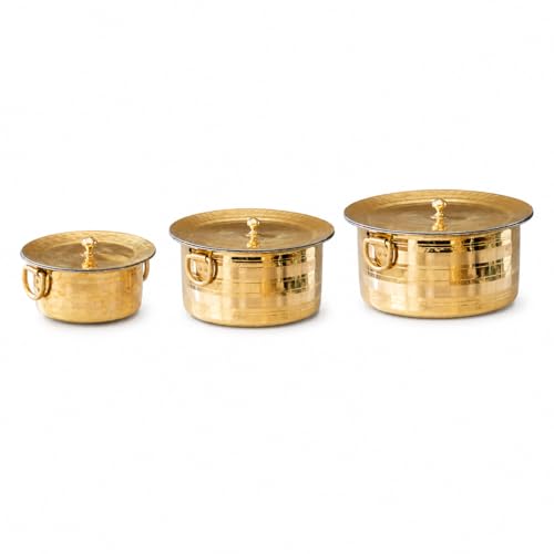 P&bull;TAL Brass Stock Pot with Lid Naturally Nonstick and Toxin Free Pasta Pot Multipurpose Cooking Pot, PFOA and PTFE Free (Set of 3)