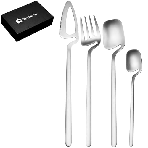 Reviews de Juegos de cubertería los más solicitados. 47 Bluelander Juego de Cubiertos, Acero Inoxidable, Diseño Futurista, Set 4 Piezas, Acabado Mate, Servicio para 1 Persona, Perfectos Todo Tipo de Evento (4 Piezas, Plata)