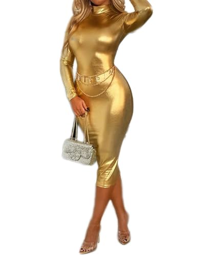 Amazon.com: Shiyinvie Gold Metallic Dress Midi - Women's Sexy Bodycon Party  Dress - Metallic Leather - Date Night (Gold, M) : Clothing, Shoes & Jewelry