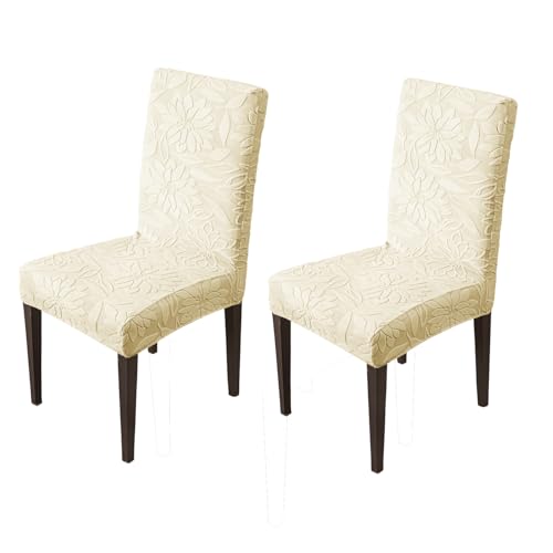 Image of House of Quirk Stretchy Universal Camellia Jacquard Waterproof Chair Cover Removable & Washable Short Dining Chair Cover Protector Seat Slipcover (Beige,Pack of 2)