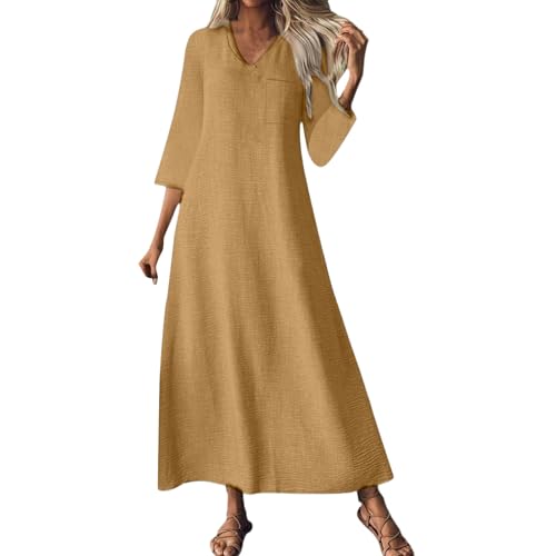 Cihdmfb Vestidos de lino para mujer, manga 3/4, vestido de verano, informal, cuello en V, vestido de playa, vestido de ocio, holgado, vestido de playa, ligero y aireado, vestido largo, Oro Rosa, S