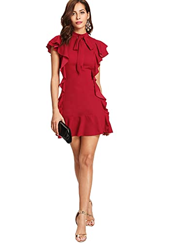 Floerns Women's Tie Neck Short Sleeve Ruffle Hem Cocktail Party Dress Red M #TOP4