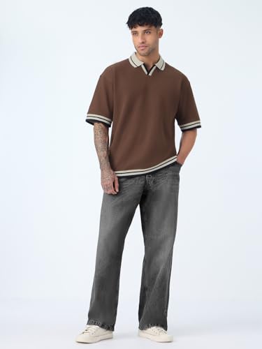 Image of The Souled Store Oversized Polo: Russet Men and Boys Short Sleeve Spread Collar Textured Cotton Blend Everyday Oversized Polos