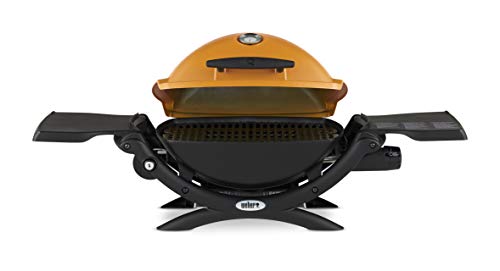Image of Weber Q1200 Liquid Propane Portable Gas Grill, Orange - 1‑Burner Travel and Camping Grill with Cast‑Iron Grates & Electronic Ignition (8,500 BTU Burner) | 8, 500 Btu Burner, Porcelain-Enameled Cast-Iron Grates, Electronic Ignition, Cast-Aluminum Body, Folding Side Tables