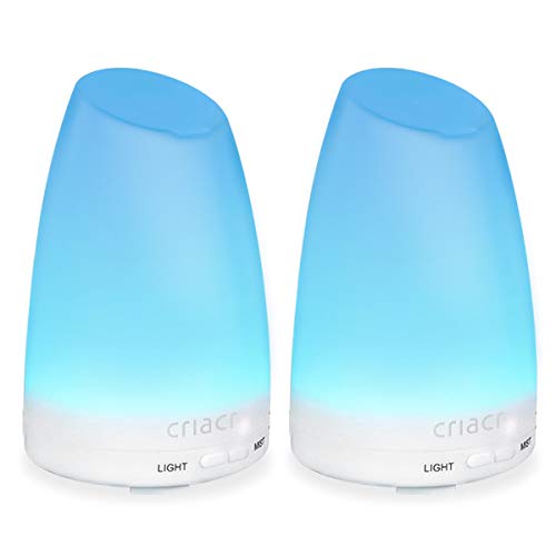 Criacr 150ml Essential Oil Diffusers, Aromatherapy Diffusers with 7 Colorful LED Lights, Adjustable Mist Mode, BPA-Free, Waterless Auto-off Humidifiers, Ultrasonic Humidifier for Home, Office(2 Packs)