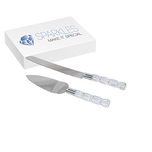 Sparkles Make It Special Wedding Cake Dessert Set with 13-Inch Knife and 10.5-Inch Server - Birthday Anniversary - Faux Crystal Handle - Silver Style 2