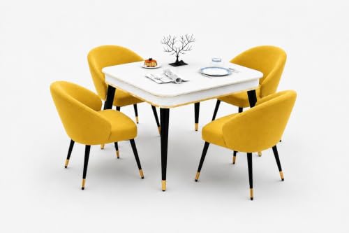 Image of WOODEN SPACE 4 Seater Wooden Dining Table Set | Urban Marble Top Dining Table with Chairs for Dining Room & Kitchen (Modern Classic Yellow) (42 x 42 x 30 inch)