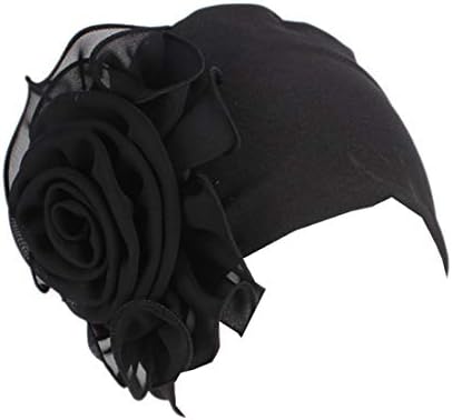 Qhome Women King Size Flower Stretchy Beanie Turban Bonnet Chemo Cap for Cancer Patients Ladies Bandanas African Head Wrap Black