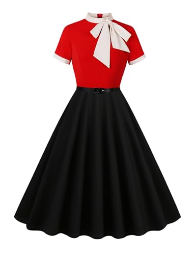 Odizli Rockabilly Kleider Damen 60er 50er Jahre Vintage Audrey Hepburn Kurzarm Krawatte Polka Dot Petticoat Swing Coctailkleid Hochzeit Festlich...