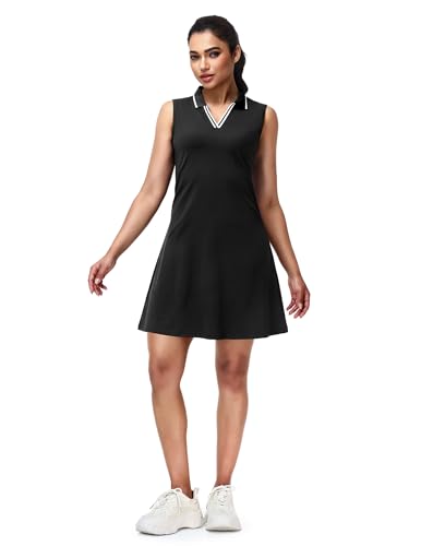 Image of MIER Golf Dresses for Women V Neck Sleeveless Dress with Zip Pocket | For Tennis Pickleball Travel Casual, Soft Breathable, 4-Way Stretch Light Flowy, Ribbed Collar, Reflective Logo, Wrinkle Free