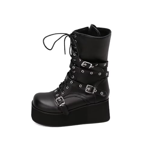 Womens Buckles Straps Boots Lace Up Mid Calf Booties Wedge Heel Platform Round Toe Combat Punk Goth Short Booties