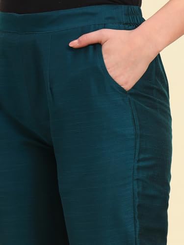 Image of Vogaan Women's Cotton Silk Pant | Half-Elasticated Waist Slim Fit Trouser for Women | Casual Pocket Pants for Office Formal Daily Use
