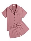 Picture of Ekouaer Womens Pajamas Set Soft Classic Notch Collar Bride Pjs Comfy Short Sleeve Sleepwear Loungewear,Pale Violet Red,Large