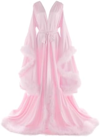 Women's Feather Bridal Robes Old Hollywood Maternity Photoshoot Nightgown Silk Bathrobe Long Lingerie