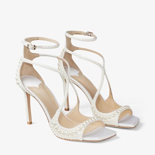 Women's White Pearl Rhinestone Heeled Sandals Square Open Toe Elegant Ajustable Ankle Strap High Heels Comfortable Wedding Party Shoes for Women3