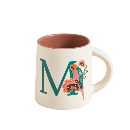 Chumbak Alphabet Mug M, Macaw Print Ceramic Monogram Cup, Personalized Coffee and Tea Mug, Stoneware, Microwave and Dishwasher Safe