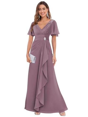 SOLODISH Chiffon Mother of The Bride Dresses with Sleeves Pleated A Line Formal Evening Dresses for Women