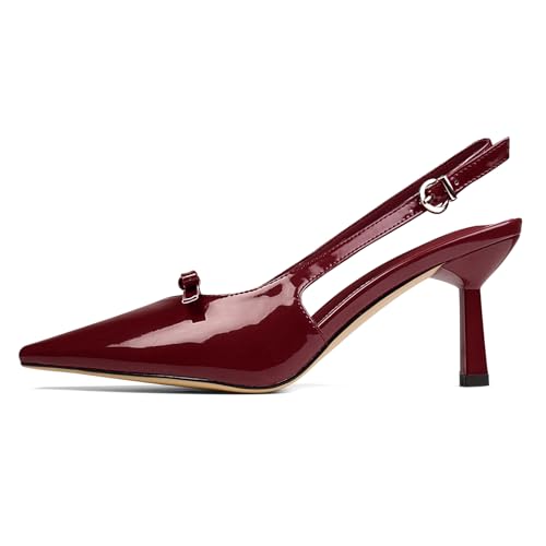 QIV Red Slingback Heels for Women Bow Pointed Toe Kitten Heels Closed Toe Low Heel Pumps2