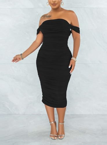 Women's Sexy Off Shoulder Sleeveless Bodycon Ruched Midi Elegant Cocktail Evening Party Night Tube Dresses3