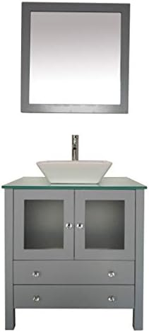 KIRAO 30" Freestanding Wooden Modern Bathroom Vanity Ceramic Sink Vessel Set Bathroom Mirror Included (Grey)