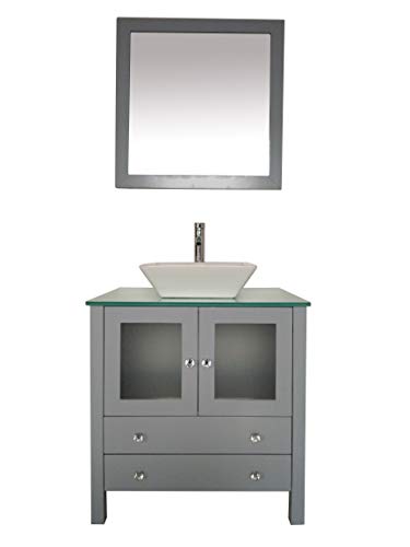 Kirao 30" Freestanding Wooden Modern Bathroom Vanity Ceramic Sink Vessel Set Bathroom Mirror Included (Grey) #TOP15