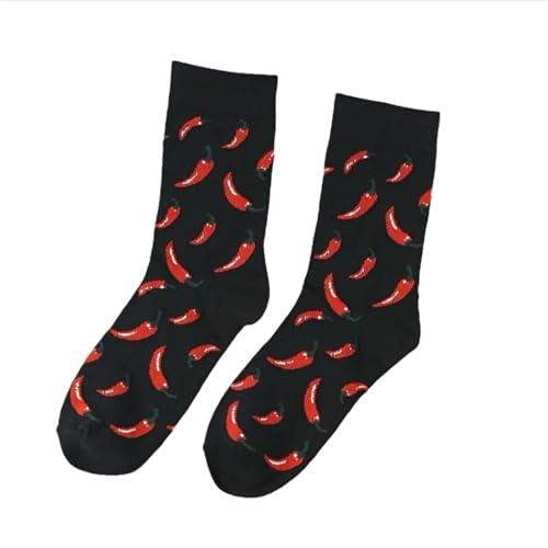 Generisch Schwarze Socken mit Chilischoten Motiv Lustige Verrückte Socken für Männer und Frauen Geschenksocken Unisex Einheitsgröße 36-43 Crew Socks 1-Paar…