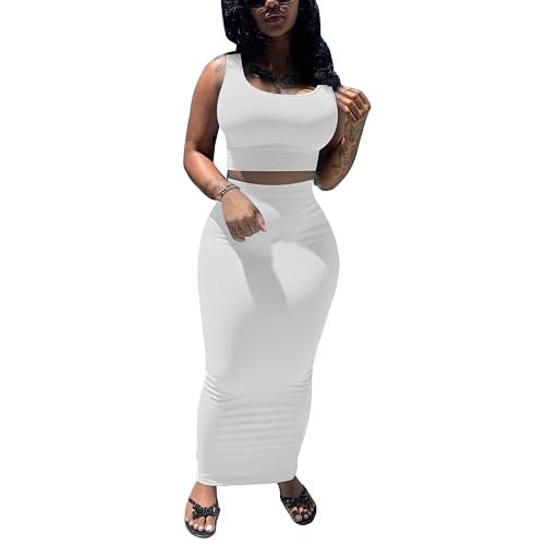 PINSV Womens 2 Piece Summer Outfits Sleeveless Crop Tank Top And Bodycon Maxi Skirt Set Casual Going Out Vacation White M