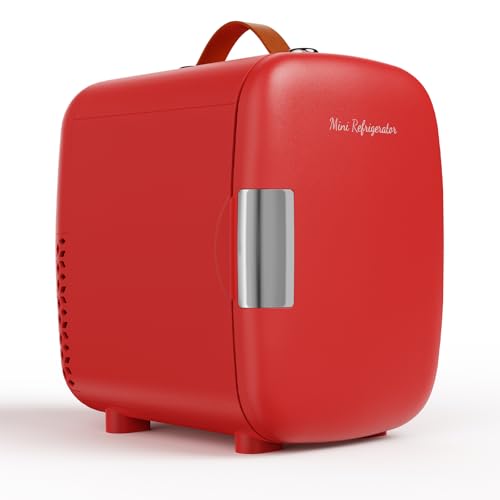 NEWBULIG Mini Fridge for Bedroom, Office & Car, Portable 4L/4.23QT Mini Refrigerator for Skincare with Handle, Ultra-Quiet Energy-Saving Compact Cooler for Drinks, Food, Skincare & Makeup, 12V AC/DC
