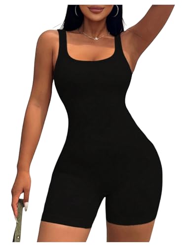 Image of WDIRARA Women's Workout Romper Gym Yoga Unitard Square Neck One Piece Shorts Jumpsuit
