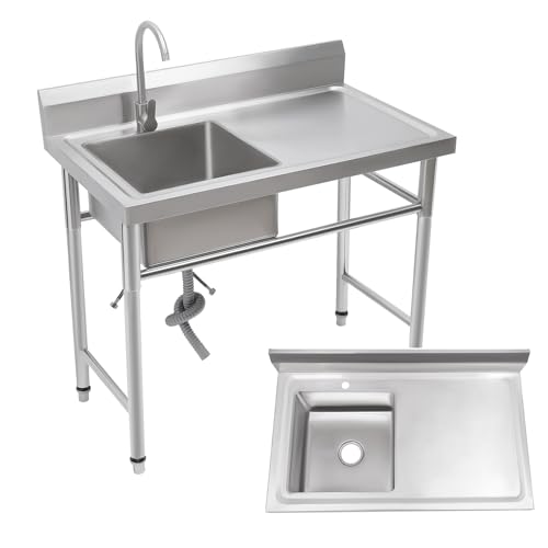Lavello da cucina in acciaio inox, con 1 vasca, singolo, multifunzione, autoportante con rubinetto caldo e freddo, per esterni, garage (100 x 60 x 93 cm)