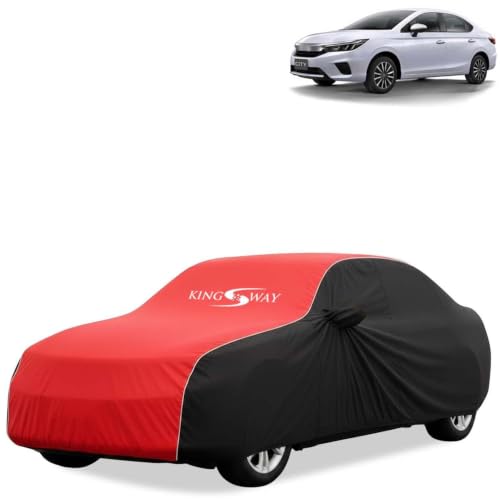 Image of KINGSWAY Super Waterproof Car Cover Only with Honda City (Year 2020 to 2022 - All Model) | Mirror and Antenna Pockets | All Weather Car Body Cover with Silver Piping | Black Red