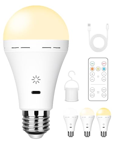 E26 Rechargeable Light Bulbs with Remote Control, 2600mAh Battery Operated Light Bulb with Hook, 3000K-6500K,40W Equivalent, 3 Timer, for Sconces Lamps Without Power, Camping, Emergency 1 Pack