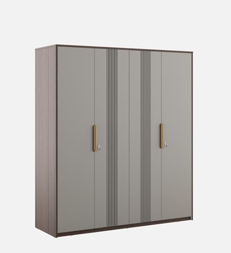 Image of Spacewood Adore /Desire 4 Door Wardrobe | Engineered Wood Almirah with 2 Drawers (2 Lockable) & 2 Hanging Spaces | Bedroom Cupboard Almari | 3-Year Warranty | Sahara Beige & Dark Brown Eucalyptus