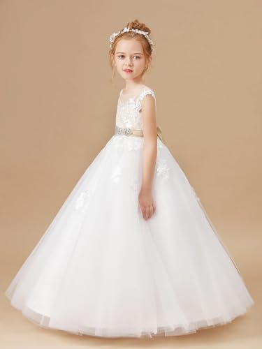 MCieloLuna Lace Applique Tulle Flower Girl Dresses for Wedding Crystal Belt White Floor Length Pageant Princess Dress4