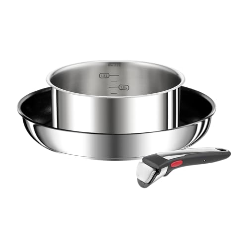 Tefal Ingenio Preference On Lot 3 pièces, Poêle, Casserole, Poignée amovible, Induction, Acier inoxydable, Revêtement antiadhésif sûr, Empilable,...