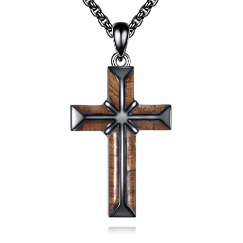 ONEFINITY Wooden Cross Necklace for Men 925 Sterling Silver Real Ebony Black Orthodox/Jesus Christ/Saint Michael/Nail Cross Pendant Necklace Religious Christian Jewelry Gifts for Men